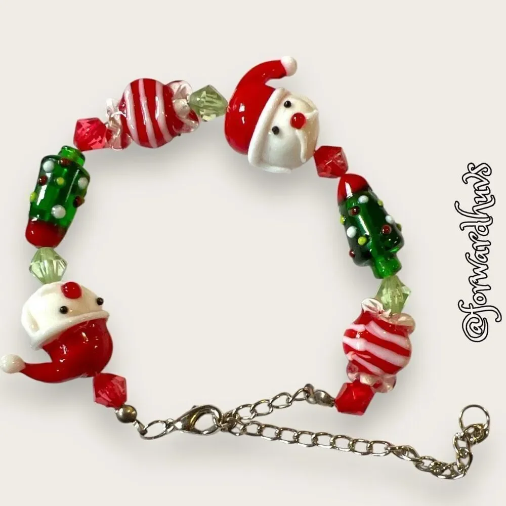 Glass Santa, Tree & Candy Beads On Adjustable Silver Tone Chain Bracelet
